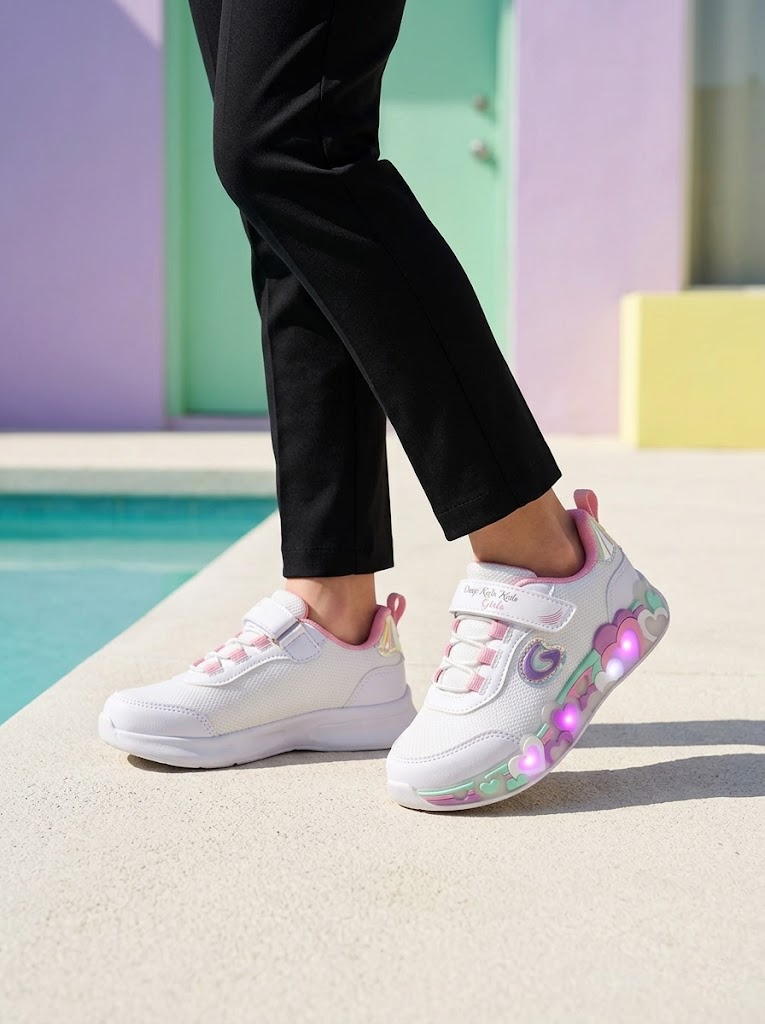Glossy Işıklı Cırtlı-Lastikli Kız Spor Ayakkabı Beyaz 26-30